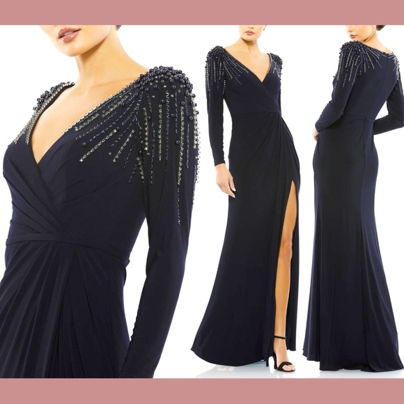 NWT $398 Mac Duggal [ 18 ] Embellished Accents‎ Faux Wrap Jersey Gown Blue - Picture 1 of 15